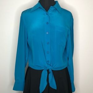 Trina Turk 100% Silk Aqua Button Down Shirt with Tied Waist M